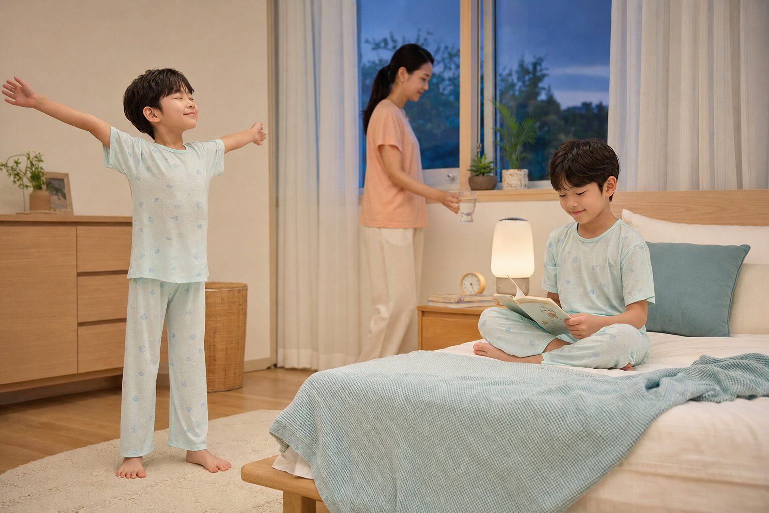 밤 침실에서 인견 잠옷을 입고 기지개를 켜는 아이와 침대에 앉아 책을 보는 아이 - 땀 많은 아이 여름 잠옷