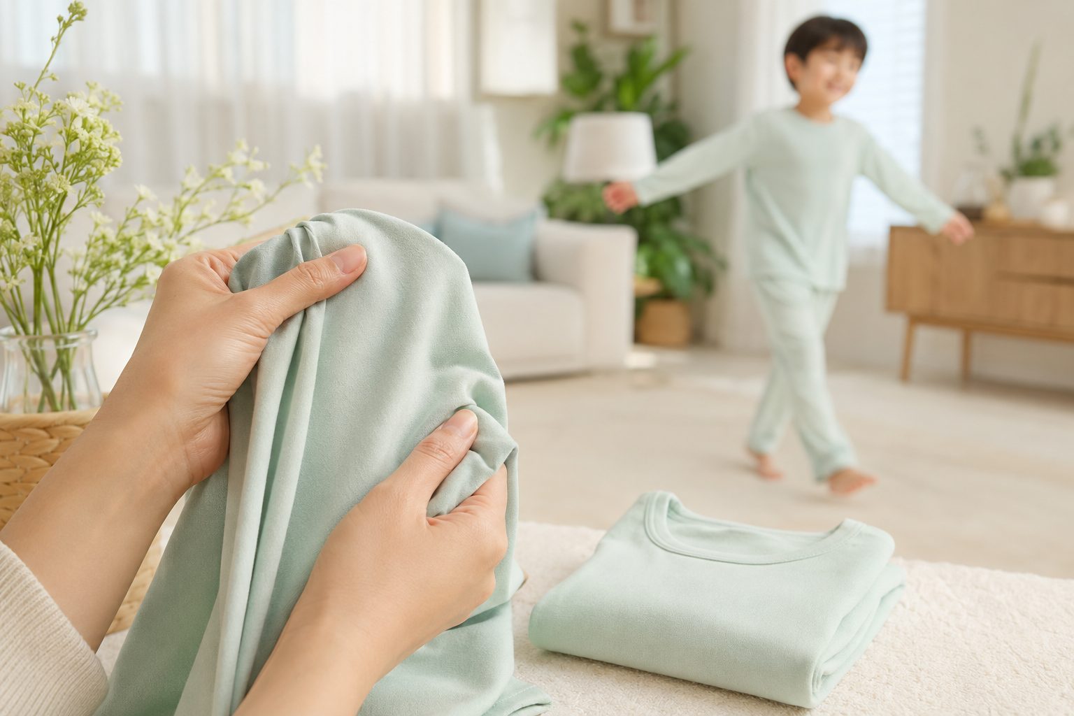 민트색 모달 원단을 손으로 만져 보는 모습과 뒤에서 잠옷 차림으로 뛰어노는 아이 - 아이 속옷 모달 소재
