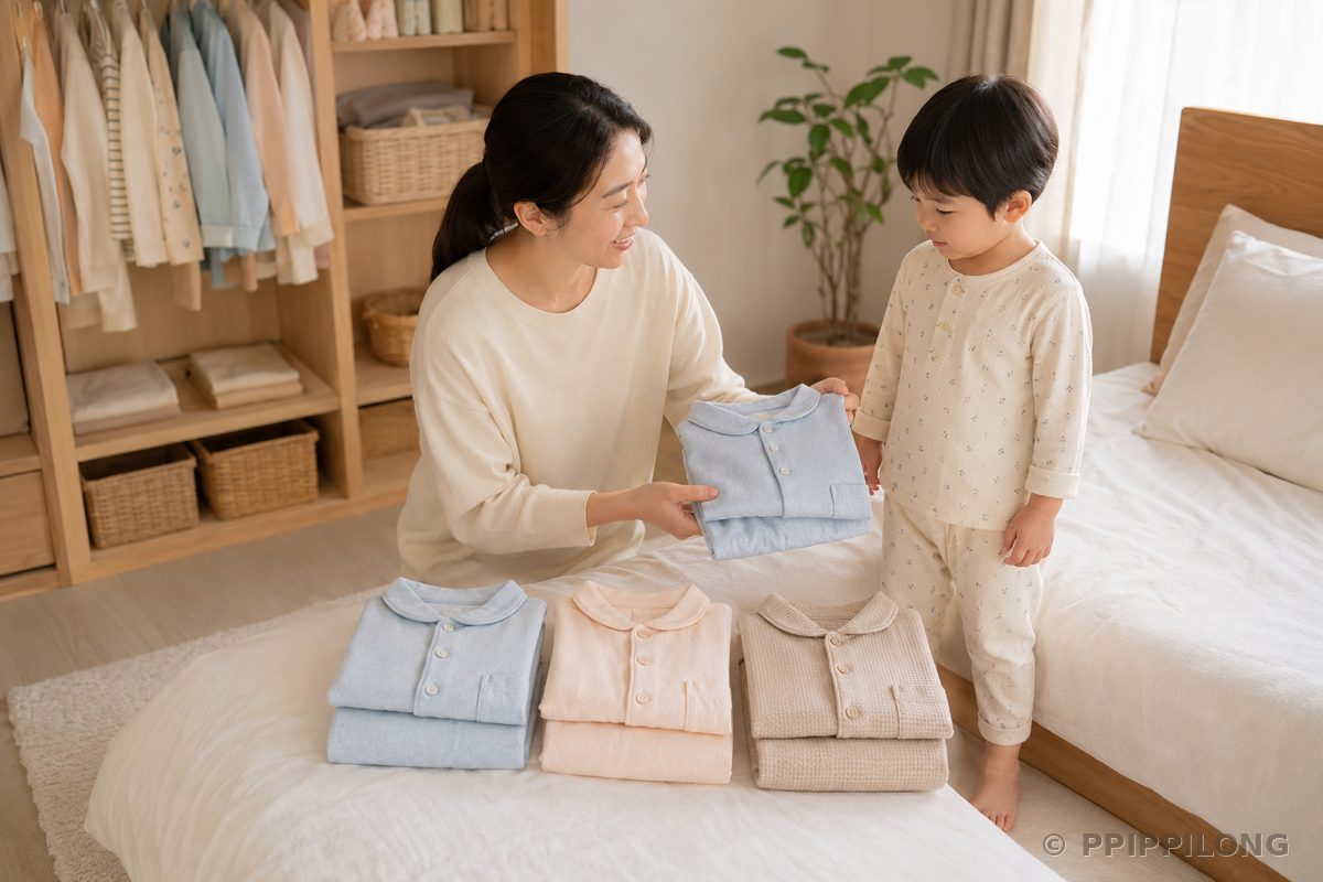 아이와 함께 계절별 잠옷을 고르는 엄마 - 어린이 잠옷 준비