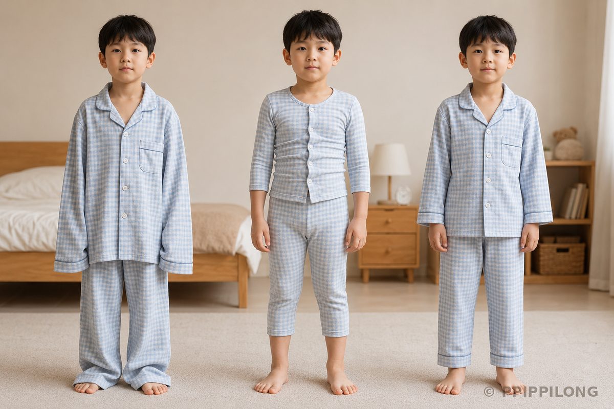 너무 큰 잠옷, 작은 잠옷, 몸에 맞는 잠옷을 입은 아이 비교 - 어린이 잠옷 사이즈 비교