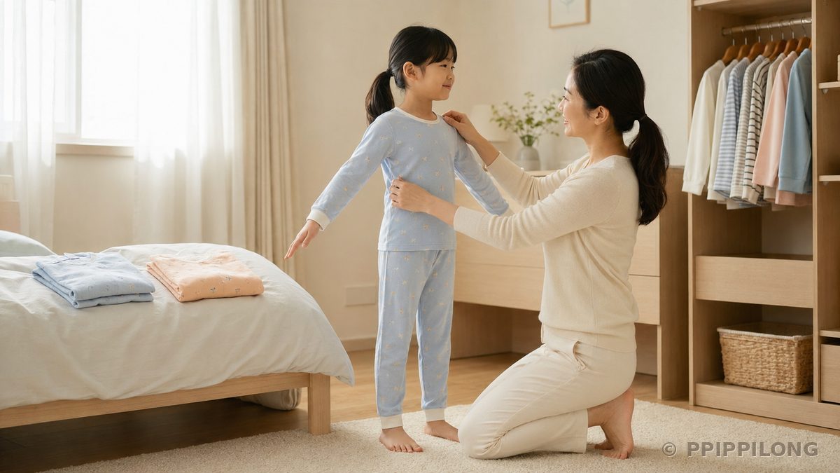 아이 어깨너비를 확인하며 잠옷 사이즈를 맞춰보는 엄마 - 어린이 잠옷 사이즈 확인