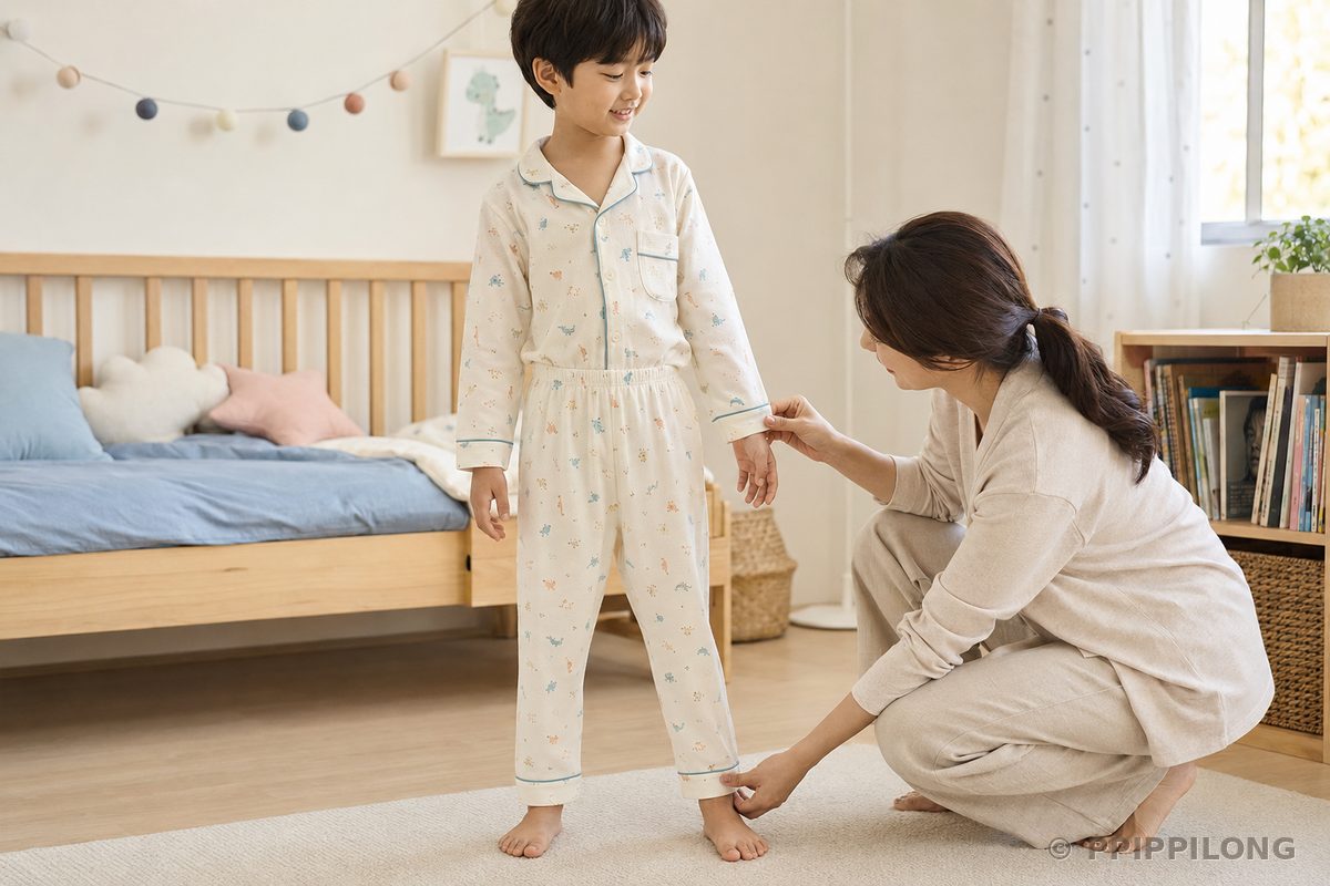 잠옷 바지 밑단 길이를 확인하는 엄마와 아이 - 한 치수 큰 어린이 잠옷 길이 확인