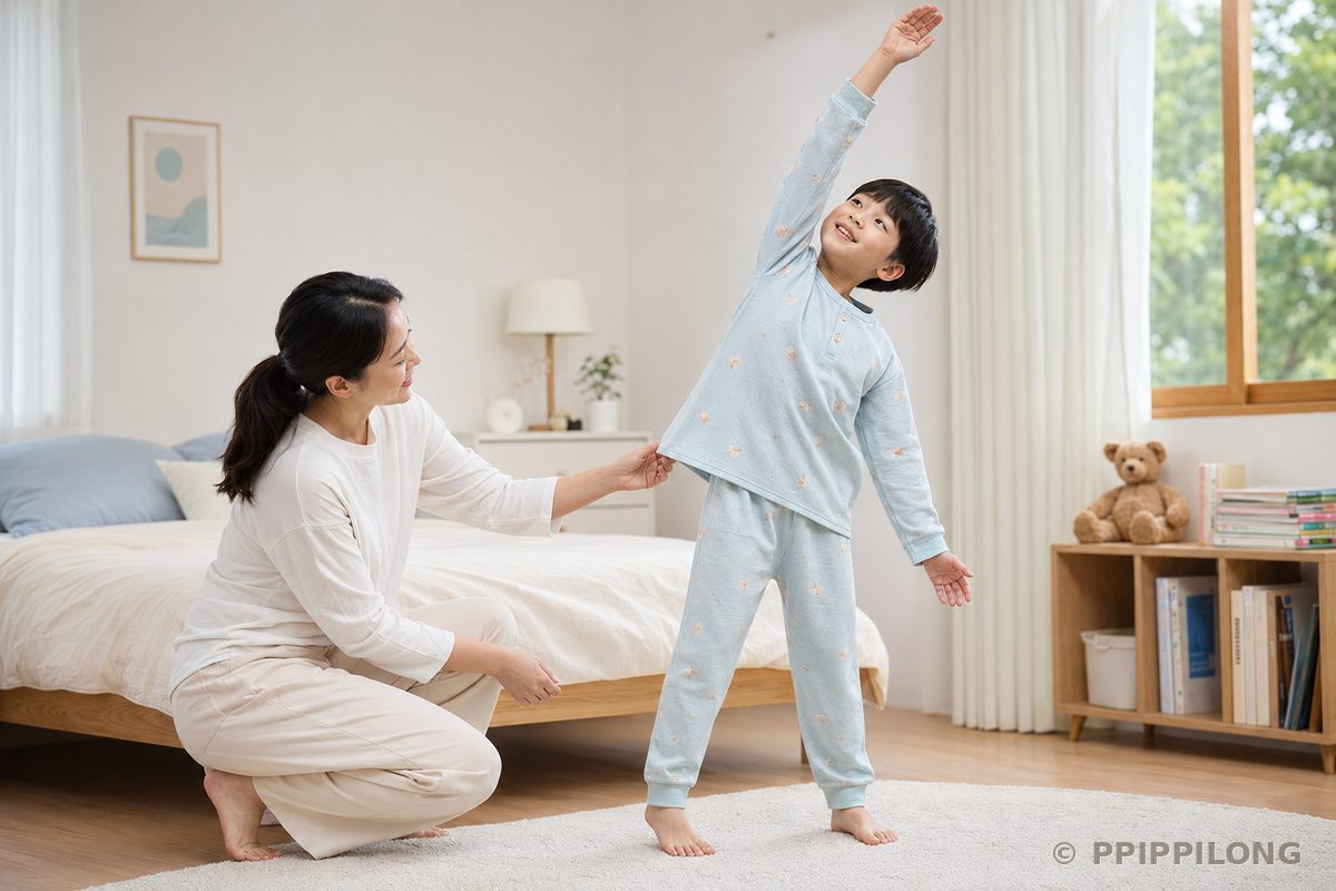 팔을 위로 뻗어 잠옷의 움직임 여유를 확인하는 아이 - 어린이 잠옷 활동성 확인