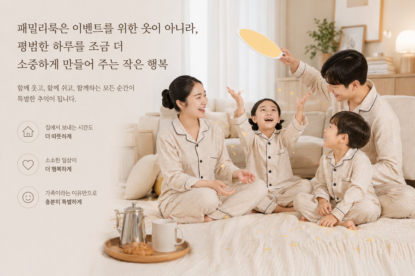 패밀리 파자마를 입고 거실에서 함께 웃는 가족 - 평범한 하루를 특별하게 만드는 패밀리룩 홈웨어