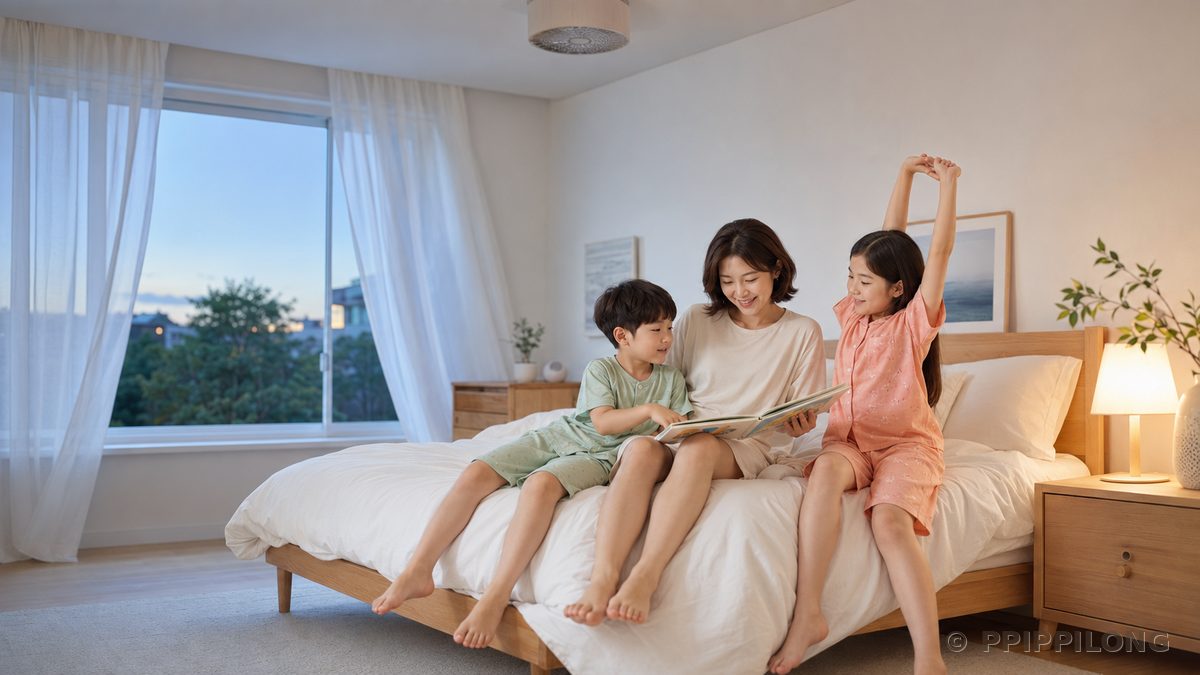 여름 저녁 반팔 파자마를 입고 침대에서 책을 읽는 아이들과 엄마 - 여름 어린이 파자마