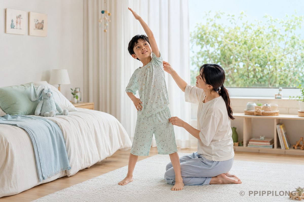 반팔 반바지 파자마를 입고 팔을 뻗는 아이의 핏을 확인하는 엄마 - 몸을 조이지 않는 여름 어린이 파자마